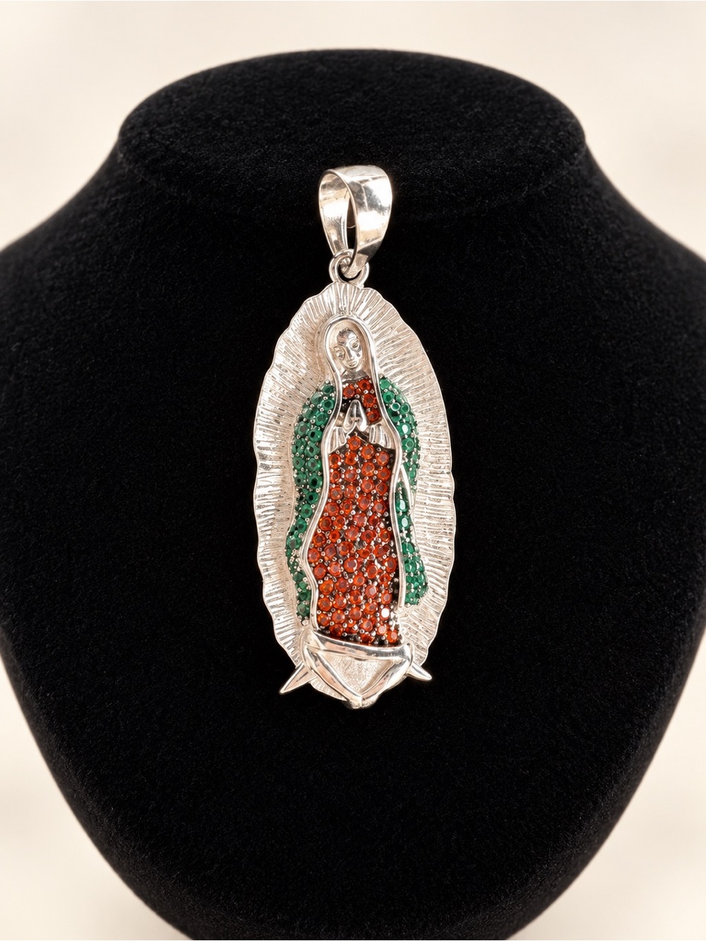 Italian 925 starling silver Virgin Guadalupe Pendant with Red and Green Stones